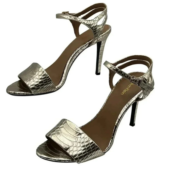 Calvin Klein Womens 10 Nadina Snakeskin Print Gold Stiletto Heels Dress Sandals - Picture 1 of 12